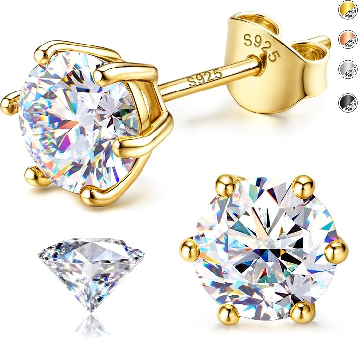 Moissanite Stud Earrings : 18K White Gold Plated Solid 925 Sterling Silver Earring Hypoallergenic Dainty Flat Back Stud Earrings Jewelry for Women Men D Color VVS1 Clarity