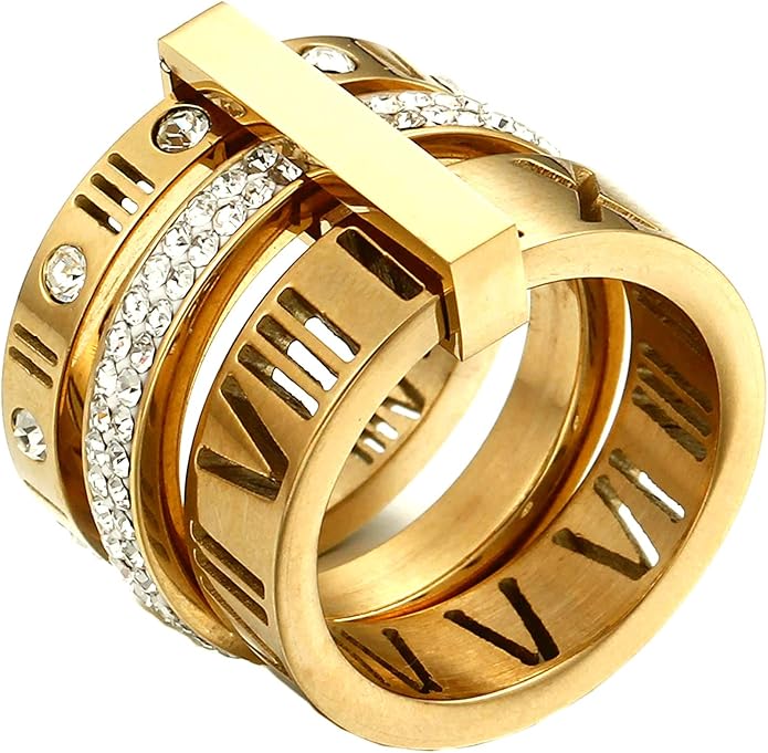 Stainless Steel CZ Zirconia Roman Numeral Ring For Women Stacking Thumb 3 in 1 Spinner Rings