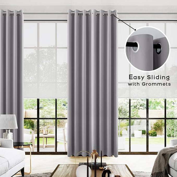 KOUFALL 108 Inch Room Darkening Curtains, 9FT Grommet Drapes for Living Room Bedroom, 2 Panels Set, 9 FT Length 52'' W x 108'' L Inches, Light Grey