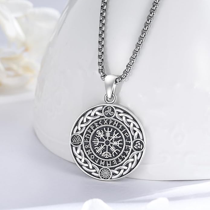 Celtic Knot Necklace 925 Sterling Silver Raven/Compass/Triquetral/Pentagram Celtic Viking Pendant Egyptian Jewelry Gifts for Men