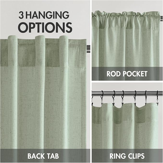 MIULEE Non-See-Through Privacy Linen Curtains 52W x 72L Inch Light Green | 2 Panels, Light Filtering, Semi Sheer Window Curtains, Farmhouse Textured, Back Tab Drapes for Bedroom Living Room