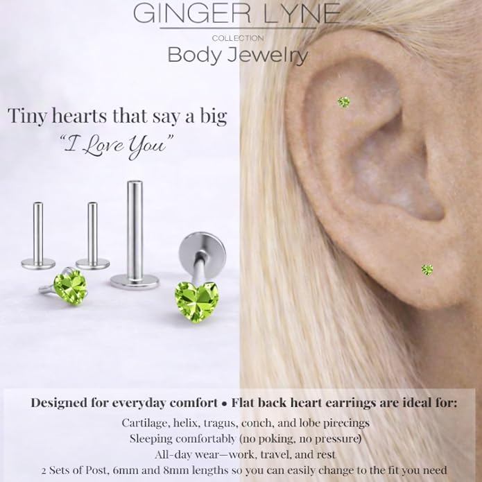 Titanium Heart CZ Labret Stud Earrings for Piercings by Ginger Lyne 6Pc Set G23 Screw Front Flat Back Body Jewelry 2 pair post 6mm, 8mm Cartilage, Helix, Tragus, Lip, Conch, Lobe