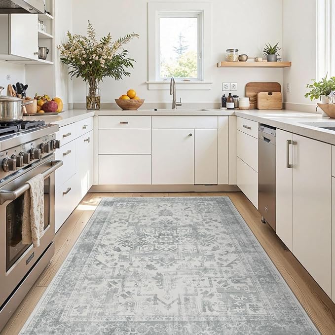 Rugxara Washable Area Rug for Living Room, Neutral Vintage Boho Rugs for Office, Dining Room, Kids Room, Farmhouse, Durable Low Pile Non Slip Carpet for High Traffic Areas, Light Grey(4x6ft)