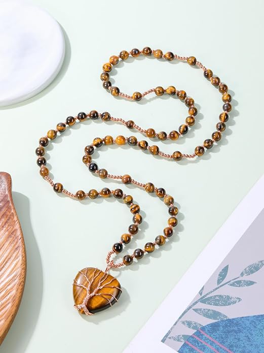 Top Plaza Healing Crystal Amethyst Necklace Natural Stone Beads Life Tree Wire Wrapped Teardrop Gemstone Pendant Jewelry for Women Mom