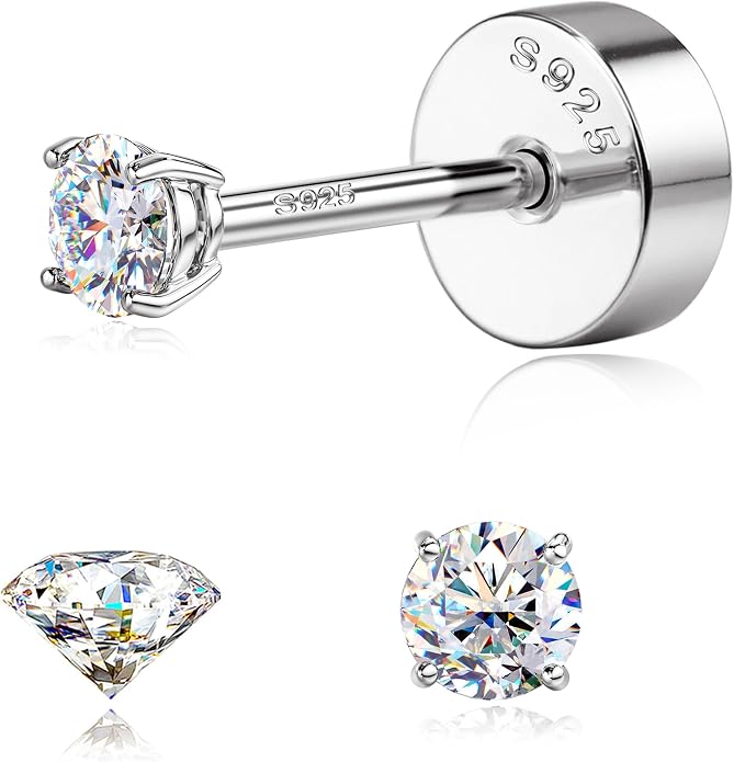 GEMQUEEN Moissanite Earrings Studs : 18K Gold Plated Solid 925 Sterling Silver Stud Earring for Women Men Hypoallergenic Dainty Moissanite Jewelry for Sensitive Ears Round Cut D Color VVS1 2-7.5mm
