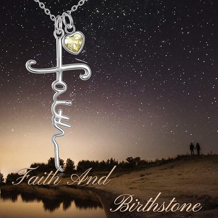 Faith Cross Necklace For Women Birthstone Sterling Silver with Simulated Birthstone Cross Jewelry Christian Gifts