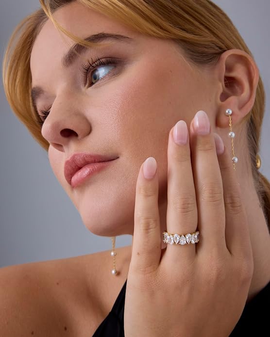 PAVOI 14K Gold Plated Pear Love Eternity Rings for Women | Gold Cubic Zirconia Ring | Bridal Eternity Wedding Band Ring