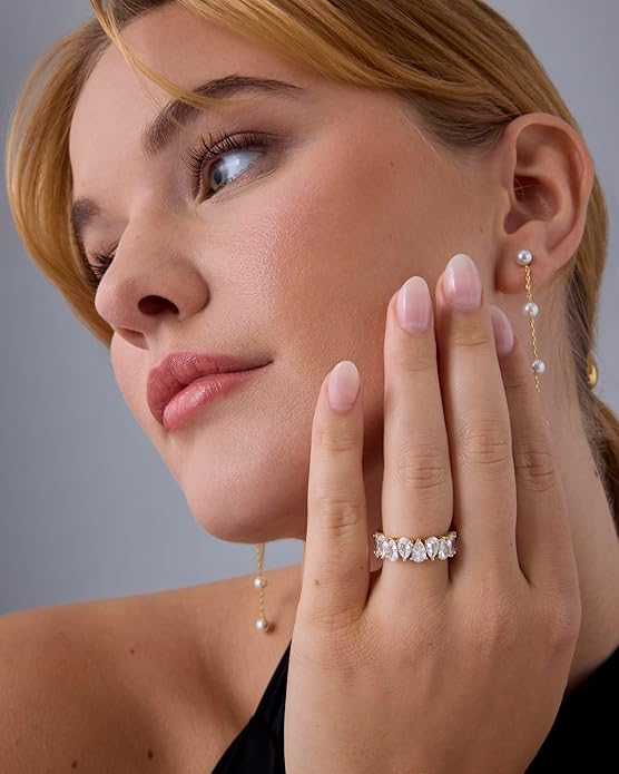 PAVOI 14K Gold Plated Pear Love Eternity Rings for Women | Gold Cubic Zirconia Ring | Bridal Eternity Wedding Band Ring