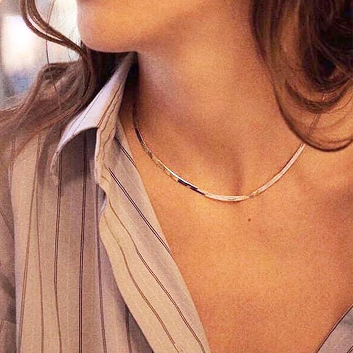 Gold Herringbone Necklace For Women - Rope Chork,Flat Snake Chain Necklaces in 18K Gold & White Gold Plated Tone - Simple Daily Jewelry-Tarnish Free-16-18in