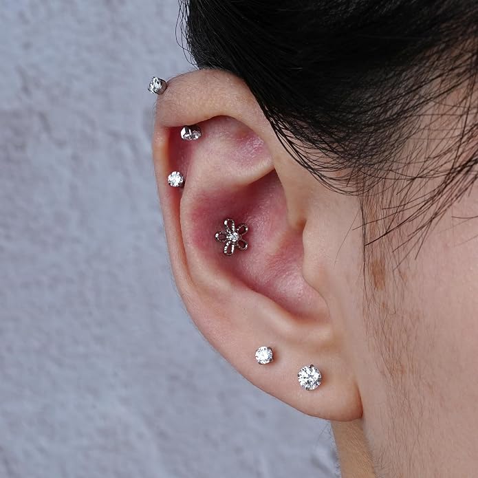 FINE4U 1PC ASTM F136 Titanium 16G Flatback Stud for Tragus, Helix, Conch 6mm 8mm - Screw on Cartilage Earring Piercing Jewelry