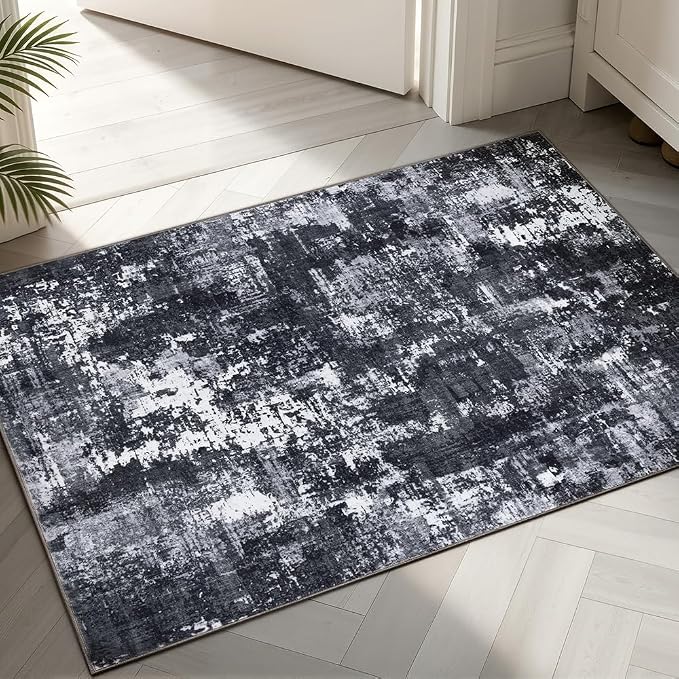 Sasttie 2x3 Area Rug for Entryway, Washable Modern Abstract Small Carpet for Living Room Bedroom Door-mat, Soft Entry Rug with Non-Slip Backing, Black and White