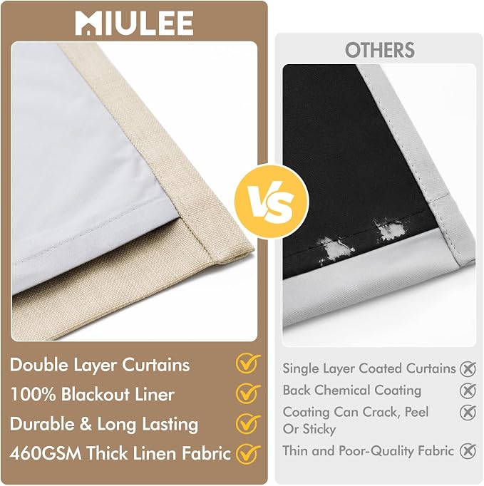 MIULEE Pinch Pleated 100% Blackout Curtains 40"x96" Long Cream 4 Panels Set | Thick Linen, Memory Trained Pleat, Back Tab Double Layer Drapes, Thermal Insulated, Curtain for Bedroom Living Room Darkening