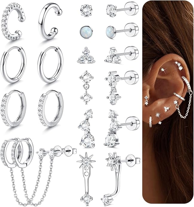 Florideco Small Stud Hoop Earrings for Women Hypoallergenic 14K Gold Plated Surgical Stainless Steel Flat Back Earrings Dainty Hoop Stud Earring Stacks Cartilage Earring Set for Multiple Piercing