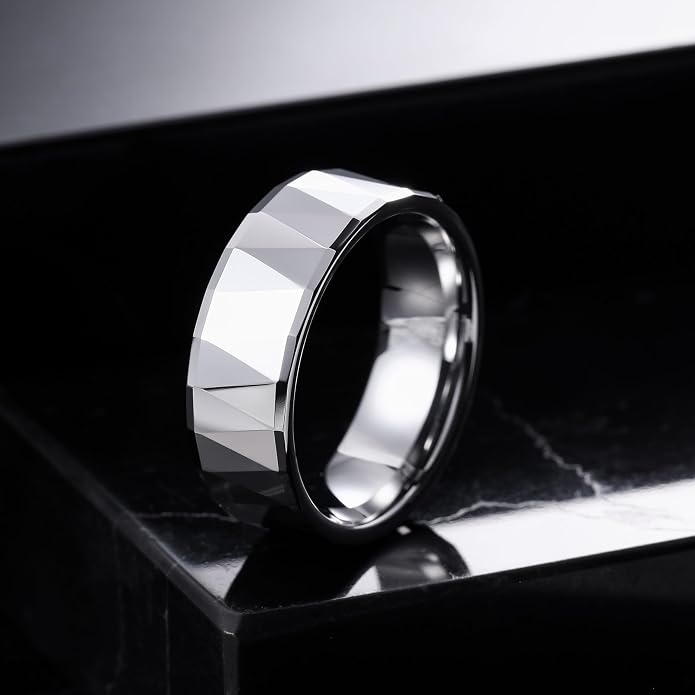 THREE KEYS JEWELRY 2mm 8mm Silver Tungsten Carbide Wedding Band for Men Women, Basic Hammered Multi-Faceted Polished Finish Stackable Engagement Ring Comfort Fit