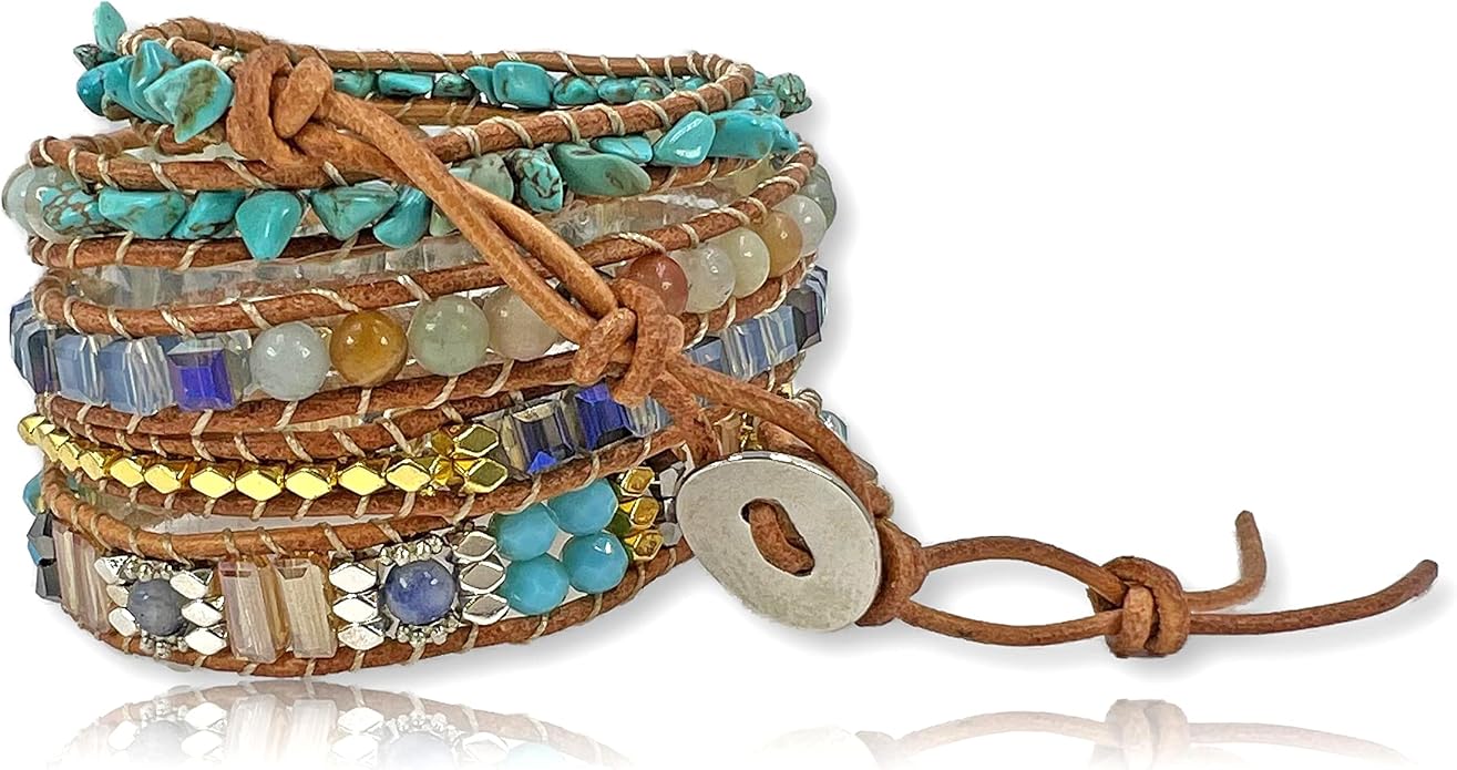 MGR MY GEMS ROCK! 35-Inch Long Multi-Layer Hand Crafted Gemstone and Crystal Multi-Stone Beaded on Genuine Leather Boho Style Stackable Super Wrap Bracelet, up to 5 Wraps.