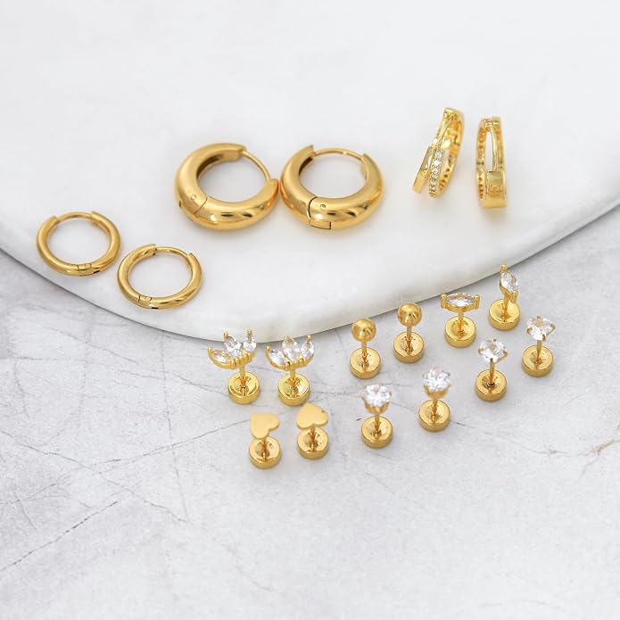 Stainless Steel Stud Earrings Set for Women Hypoallergenic Flat Back Cartilage Earrings Screw Back Huggie Hoop Earrings Multiple Piercing Cubic Zirconia Helix Tragus Jewelry
