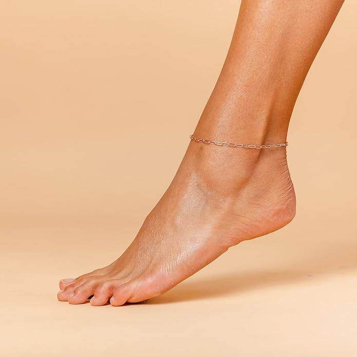 PAVOI 14K Gold Plated Chain Anklets for Women - Minimalist Link Chain Ankle Bracelet - Dainty Gold Anklets for Women - Trendy Summer Beach Jewelry Gifts - Snake, Figaro, Mariner, Paperclip, Beaded