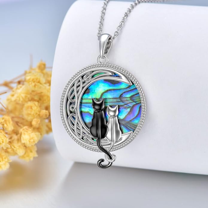 TOUPOP Cat Necklace Sterling Silver Abalone Shell Celtic Cat on the Moon with Abalone Shell Birthday Christmas Jewelry Gifts for Women