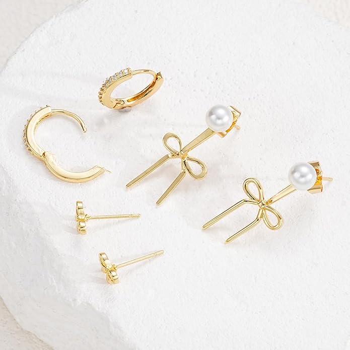 6 Pairs 14K Gold Plated Stud Earrings for Women, Hypoallergenic Cartilage Earrings for Multiple Piercing, Dainty Small Stackable Earrings Set for Jewelry Gift