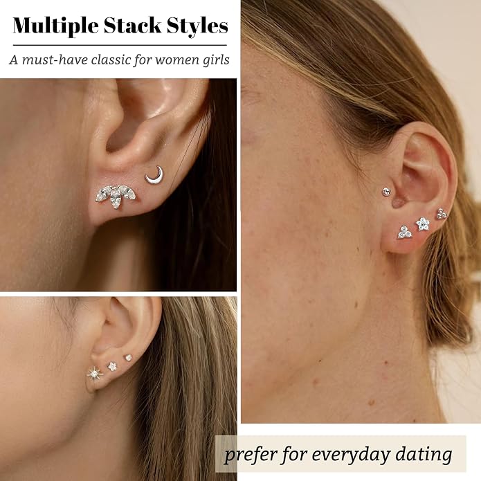 Senteria 6/8 Pairs Stainless Steel Stud Earrings for Women Hypoallergenic Flat Back Stud Earrings Tiny Stainless Steel Earring Small Cartilage Earring Set for Multiple Piercing