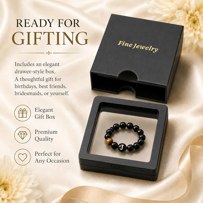 Initial Ring for Women, Black Onyx Beaded Stretch Letter Ring | Personalized-style A-Z initial ring with black onyx beads, shell letter bead, stretch fit, and gift-ready box