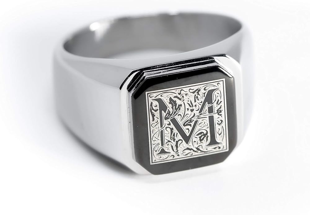 Jewelry | Stainless Steel Letter Alphabet Initial Ring | Square Flat Top Ring for Men & Women | Stainless Steel Jewelry, (Black, Gold, Silver), Size 7-16