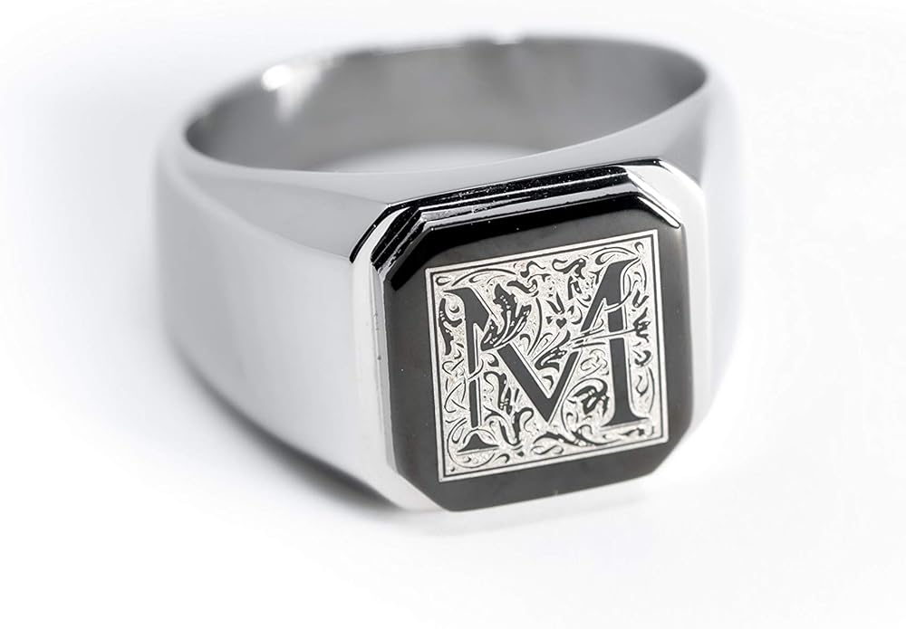 Jewelry | Stainless Steel Letter Alphabet Initial Ring | Square Flat Top Ring for Men & Women | Stainless Steel Jewelry, (Black, Gold, Silver), Size 7-16