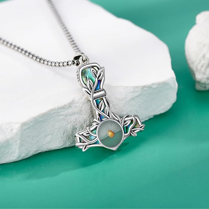 Thors Hammer Necklace Sterling Silver Mjolnir Mustard seeds Pendant Vegvisir Viking Jewelry for Women Men