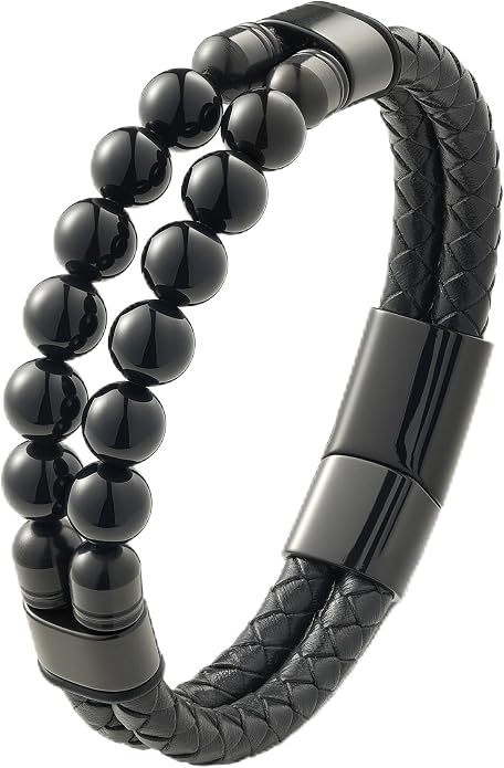 Black Braided Leather Bracelet for Men with Turquoise, Lapis Lazuli, Tiger Eye, Obsidian Stone Double-Row Wristband Beads with Stainless Steel Clasp Fashion Jewelry Gift for Him
