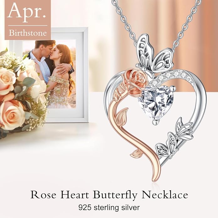 TOUPOP Rose Heart Birthstone Necklace 925 Sterling Silver Heart Butterfly Pendant Love Jewelry Birthday Gifts for Women Wife Mom Her