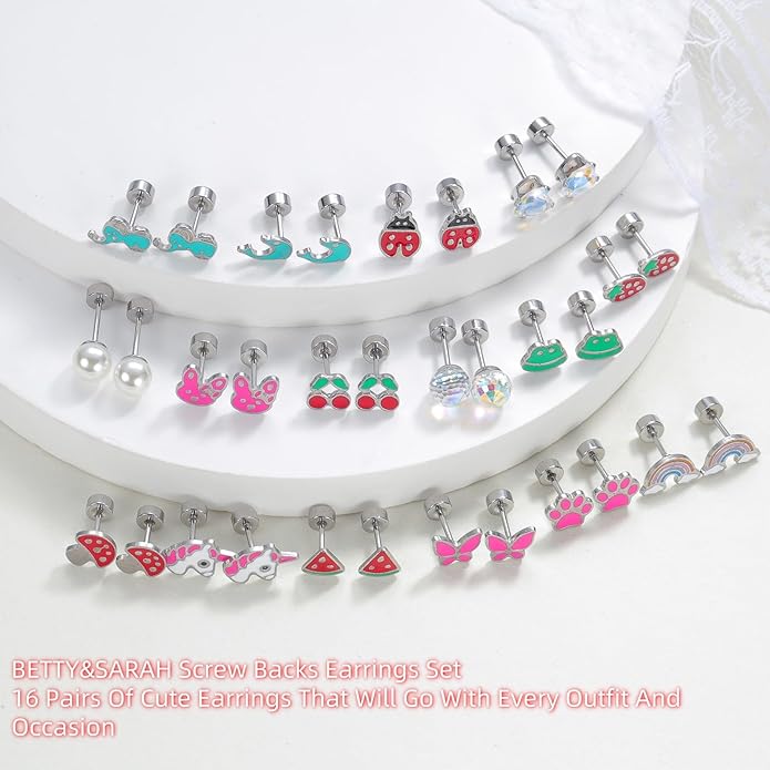 16 Pairs Hypoallergenic Screw Back Earrings for Women Girls 316L Stainless Steel Unicorn Butterfly Strawberry Cherry Flat Back Stud Earrings Jewelry Gift