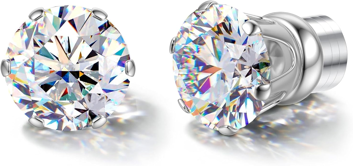 GEMQUEEN Moissanite Magnetic Earrings for Men Women : 18K White Gold Plated Hypoallergenic Stainless Steel Non Piercing Clip on Fake Earrings Studs Dainty Moissanite Earring Jewelry D Color VVS1