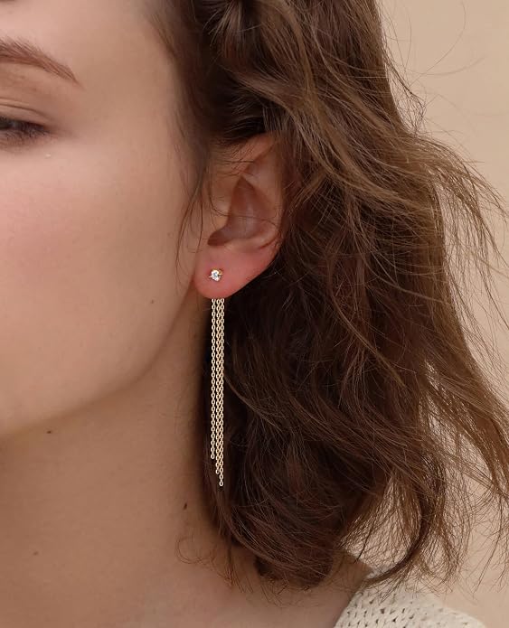 S.Leaf S925 Sterling Silver Threader Chain Earrings 18K Gold Plated Cubic Zirconia Dainty Dangle Double Piercing Long Drop Dangly Pull Through Tassel Chain Earrings Gifts for Women