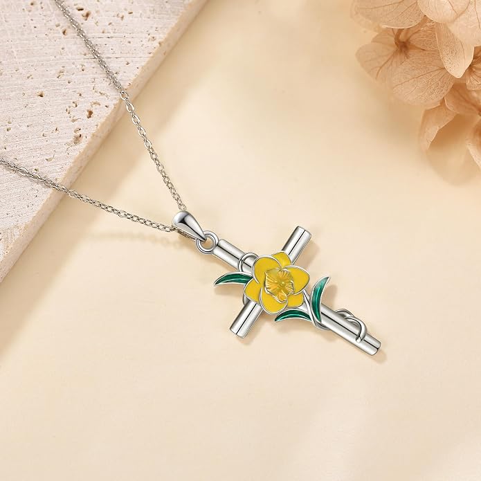 Flower Cross Necklace 925 Sterling Silver Carnation/Rose/Lily/Daisy Cross Necklace Birth Flower Jewelry for Women