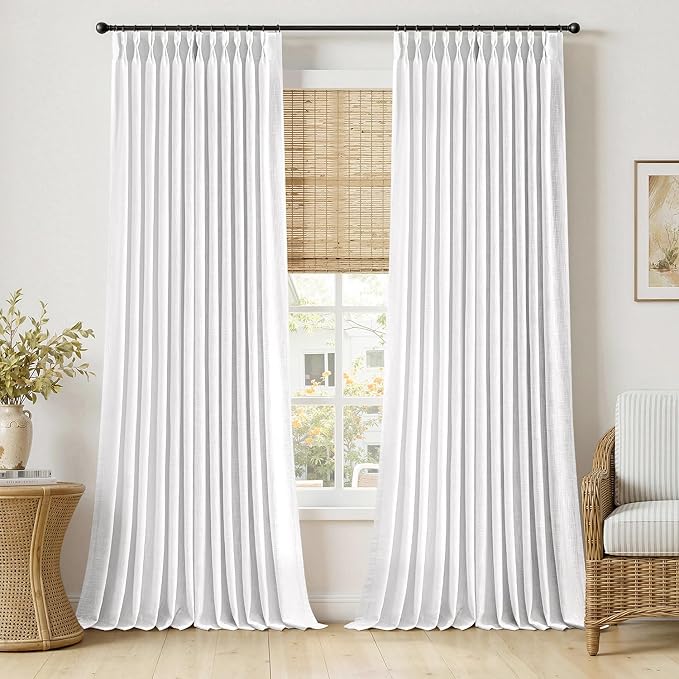 MIULEE Pinch Pleated White Thick Linen Curtains 102 Inches Long 2 Panels, Linen Texture Drapes for Living Room Bedroom, Pinch Pleat Memory Trained Back Tab Light Filtering Window Curtains with Hooks