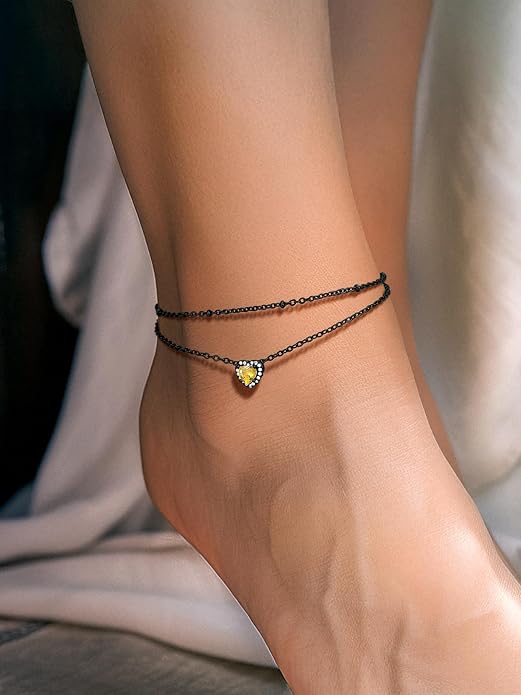 Richsteel Double Layer Heart/Butterfly Birthstone Anklet for Women Non Tarnish Waterproof, Silver/Gold/Black Stainless Steel 8.5-10.5 Inch Adjustable Chain Anklets Jewelry Gifts for Her
