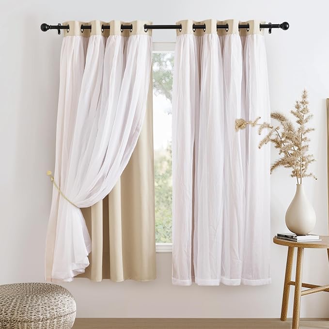 PONY DANCE Sheer Curtains Blackout - Light Blocking Window Treatments Panels for Bedroom, Cortinas para Sala Modernas, 52 by 63 inches, Biscotti Beige, Set of 2