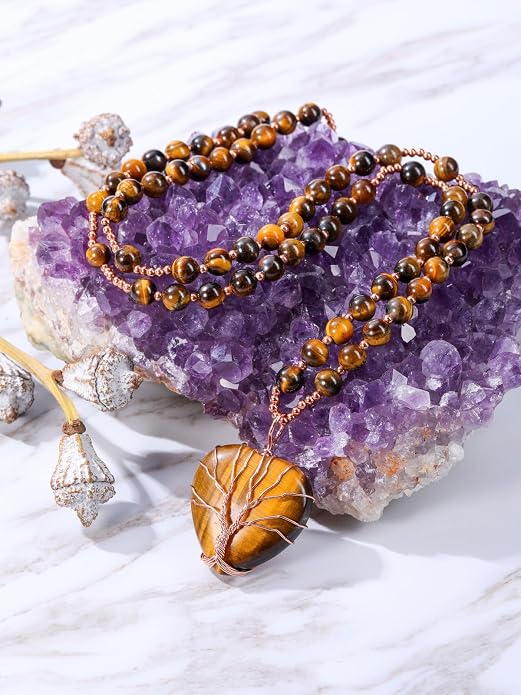 Top Plaza Healing Crystal Amethyst Necklace Natural Stone Beads Life Tree Wire Wrapped Teardrop Gemstone Pendant Jewelry for Women Mom