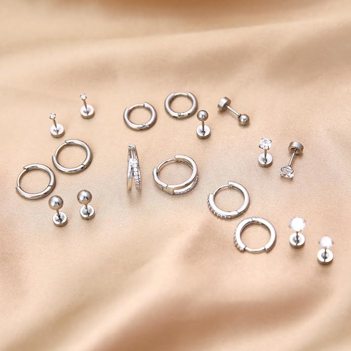 Stainless Steel Stud Earrings Set for Women Hypoallergenic Flat Back Cartilage Earrings Screw Back Huggie Hoop Earrings Multiple Piercing Cubic Zirconia Helix Tragus Jewelry