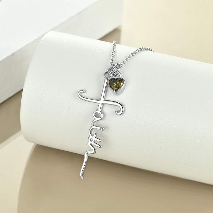 Faith Cross Necklace For Women Birthstone Sterling Silver with Simulated Birthstone Cross Jewelry Christian Gifts