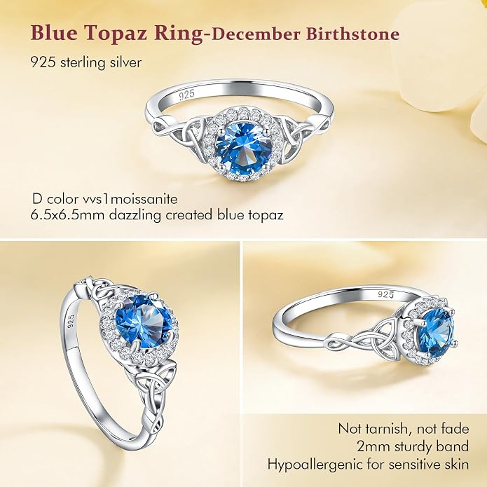DAYBYDAY Celtic Birthstone Rings for Women 925 Sterling Silver Heart/Round/Pear/Oval Created Gemstone Moissanite Halo Engagement Promise Rings for Her Wife Birthday Anniversary Wedding Jewelry