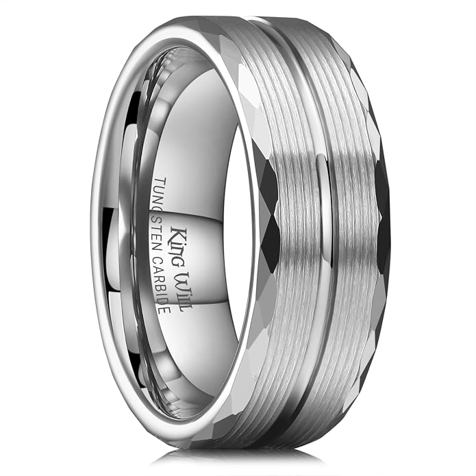 King Will Men's 8mm Tungsten Carbide Wedding Band, Hammered Faceted Diamond Cut Ring with Groove Inlay, Geometric Industrial Engagement Band for Men Women Comfort Fit Size 7-14