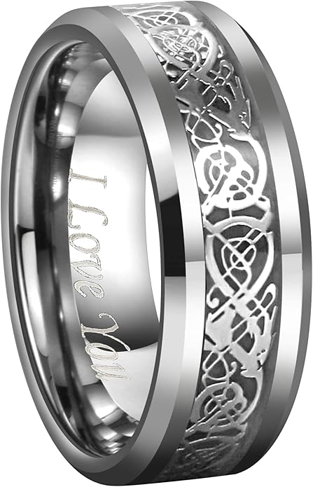 CROWNAL Black Dragon Men Black Tungsten Carbide Ring Wedding Band 6mm 8mm 10mm Red Carbon Fiber Black Celtic Dragon Inlay Engraved I Love You Size 7 to 17