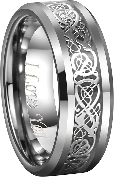 CROWNAL Black Dragon Men Black Tungsten Carbide Ring Wedding Band 6mm 8mm 10mm Red Carbon Fiber Black Celtic Dragon Inlay Engraved I Love You Size 7 to 17