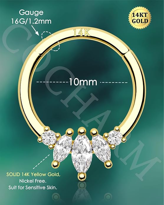 COCHARM 14K Gold Septum Rings 14K Yellow Gold Septum Piercing Jewelry 16g Septum Clicker 14kt Real Gold Daith Earrings Solid Gold Daith Piercing Hoop Daith Jewelry for Women Men