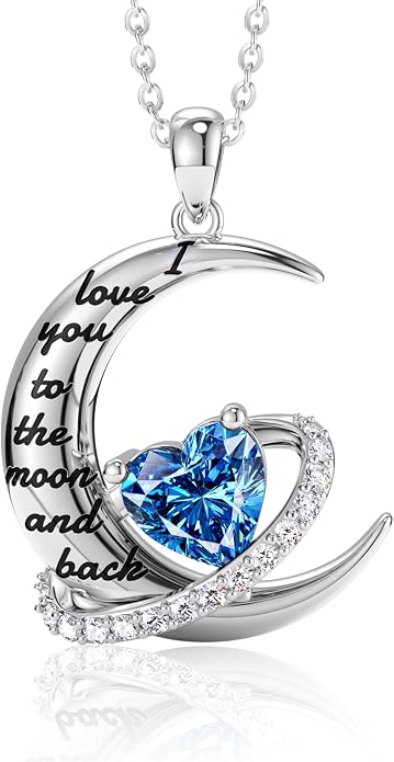 Distance I Love You to The Moon and Back Necklace for Women, S925 Sterling Silver Forever Love Heart Birthstone Necklace, Anniversary Birthday Jewelry for Wife Lover