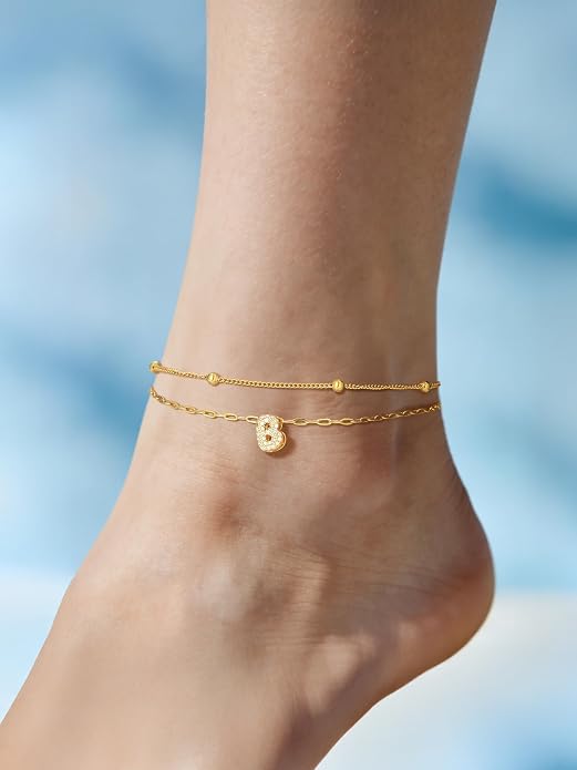 FindChic Silver/14K Gold Plated Layered CZ Initial Ankle Bracelet for Women | Waterproof Stainless Steel, Cubic Zirconia Letter Charm, Non-Tarnish, Hypoallergenic, Adjustable Extender, Summer Jewelry