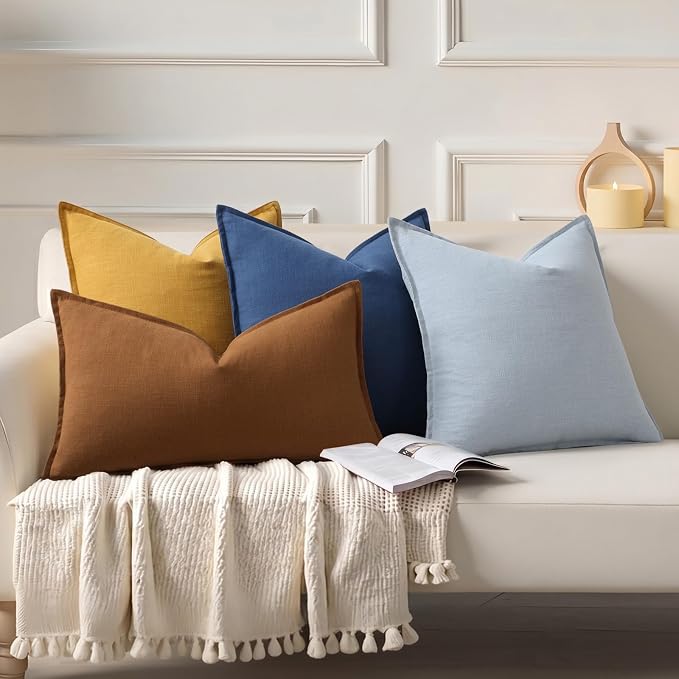 decorUhome Fall Brick Linen Throw Pillow Covers 18x18 Set of 2 | Decorative Soft Cozy Modern Farmhouse Boho Accent Pillow Cases with Flange Edges for Couch Bed Sofa Living Room Home Decor
