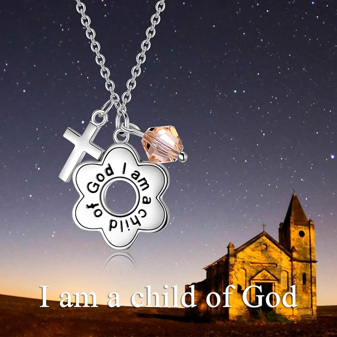 AOBOCO 925 Sterling Silver I Am a Child of God Daisy Necklace Jewelry Birthday Birthday Baptism Communion Gifts for Girls