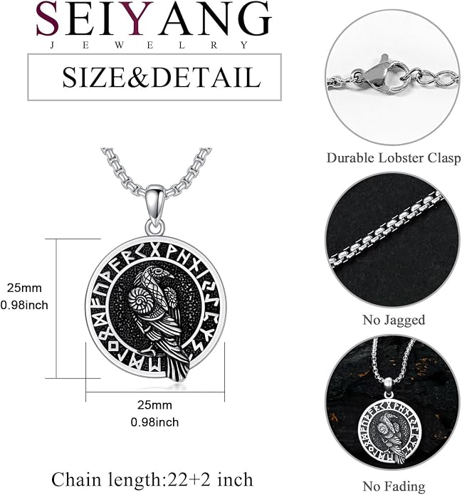 Seiyang Sterling Silver Viking Necklace Norse Jewelry Gift for Men Women with 2mm 22+2 IN Rolo Chain (with Gift Box)